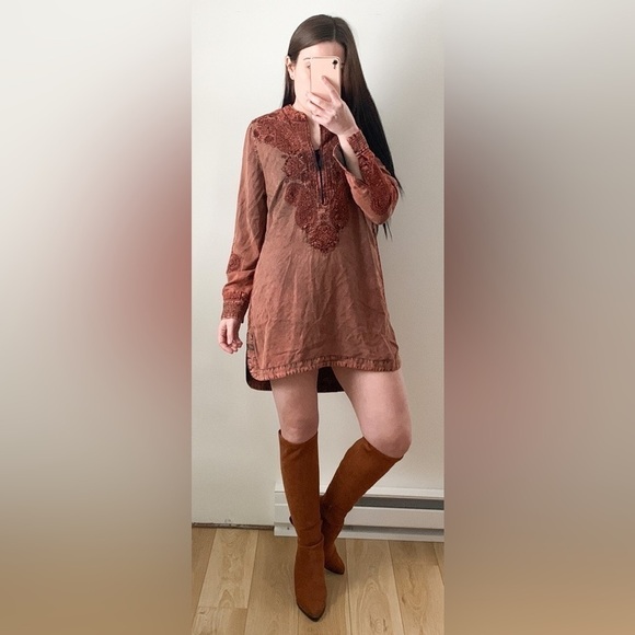 Soft Surroundings Burnt Orange Acid Washed Embroidered Tunic Mini Dress Medium - Picture 3 of 11